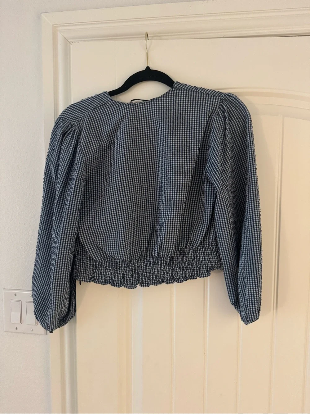 Zara Blue Gingham Ruched V-Neck Peplum Blouse